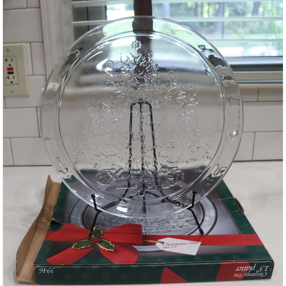 Indiana Glass Christmas Tree Platter 13 Inch Clear Embossed Round Plate 3946